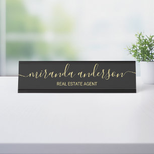 Professional Modern Script Black and Gold Desk Name Plate
