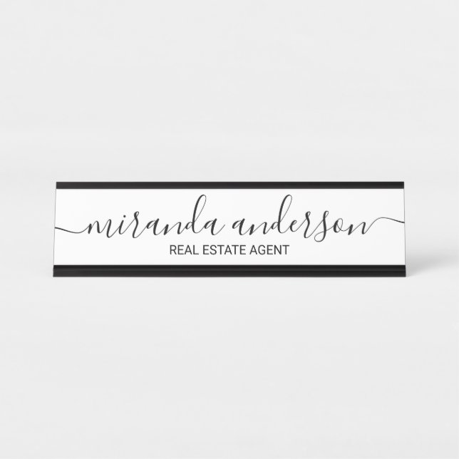 Professional Modern Script Black and White Desk Name Plate (Front)