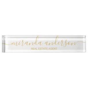 Professional Modern Script White and Gold Nameplate