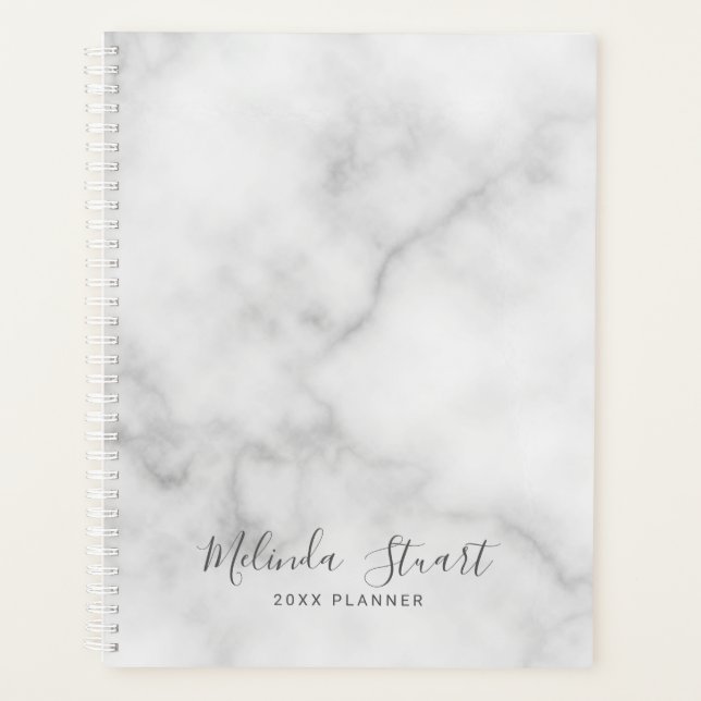 Professional Modern Script White Marble Planner (Front)