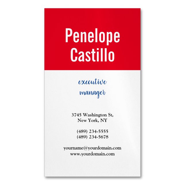 Professional Modern Simple Plain Blue Red White Magnetic Business Card (Front Vertical)