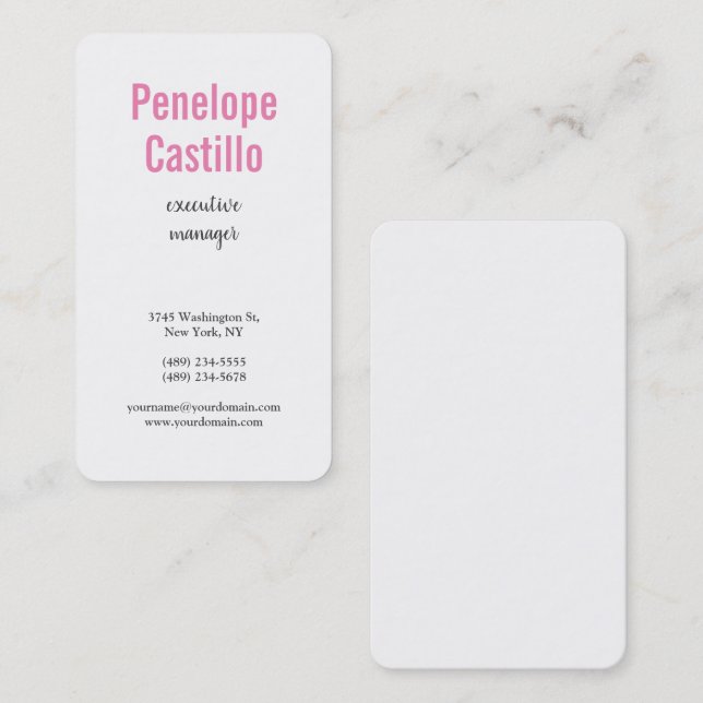 Professional Modern Simple Plain Pink White Business Card (Front/Back)