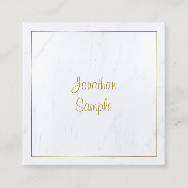 Professional Modern White Marble Gold Script Luxe Square Business Card (Front)