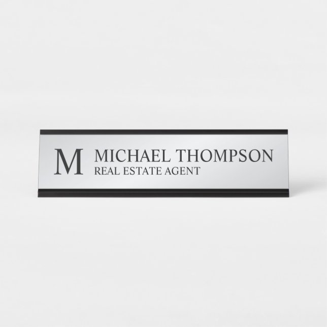 Professional Monogram Black and Silver Desk Name Plate (Front)