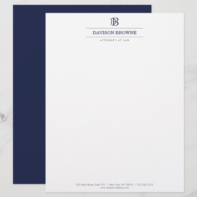 Professional Monogram Dark Blue on White Custom Letterhead (Front/Back)