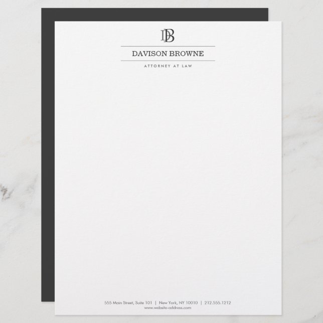 Professional Monogram Dark Grey on White Custom Letterhead (Front/Back)