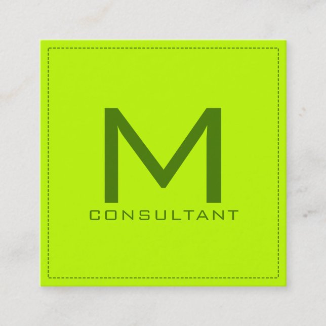 Professional Monogram Elegant Modern Bitter Lime Square Business Card (Front)