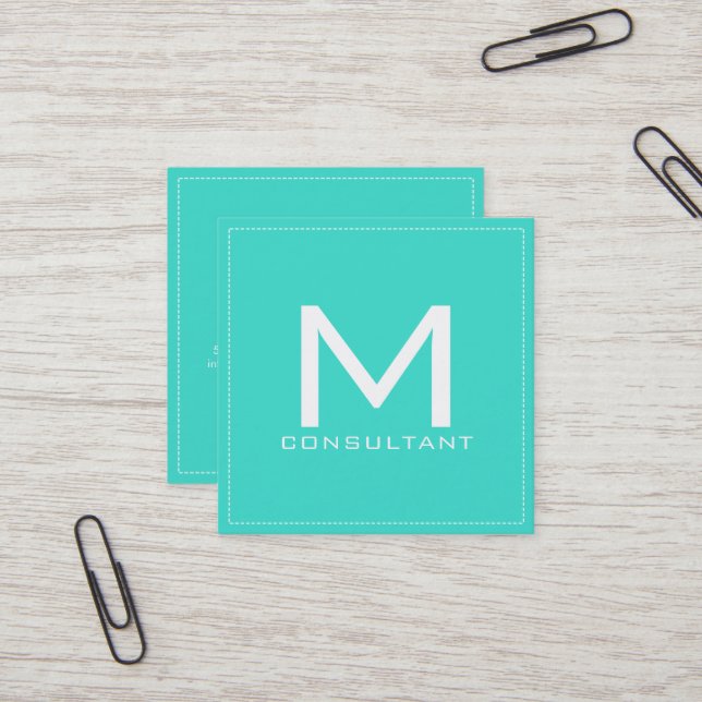 Professional Monogram Elegant Modern Turquoise Square Business Card (Front/Back In Situ)