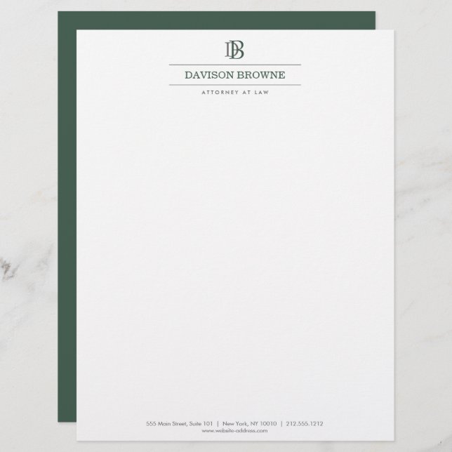 Professional Monogram Green on White Custom Letterhead (Front/Back)
