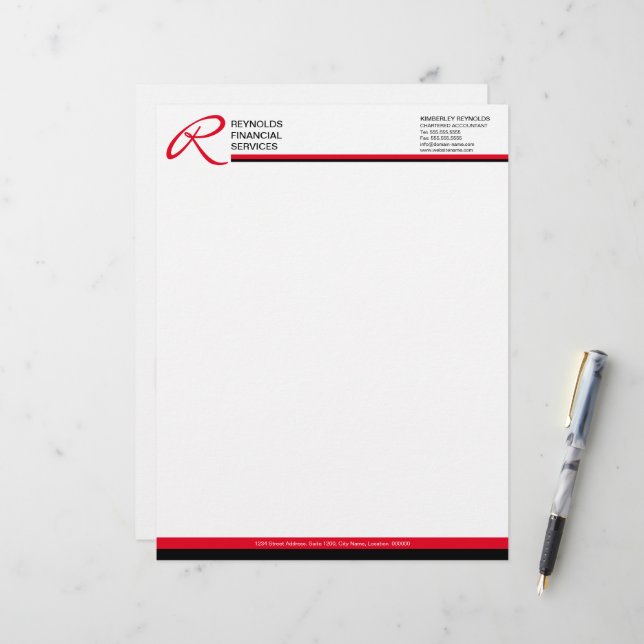 Professional Monogram in Red Business Custom Letterhead (Front/Back In Situ)