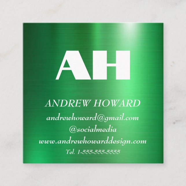 Professional Monogram Logo Metallic Green Square Business Card (Front)