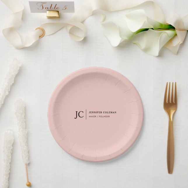 Professional Monogram Minimalist Logo Blush Pink Paper Plate (Wedding)