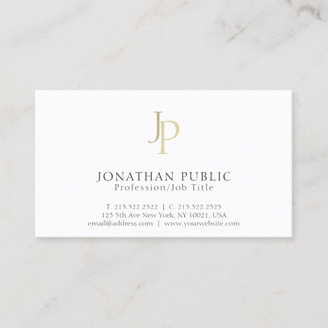 Professional Monogram Modern Classy White Business Card (Front)