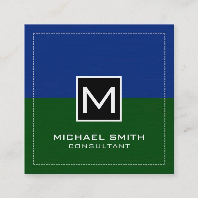 Professional Monogram Modern Green Dark Blue Square Business Card (Front)