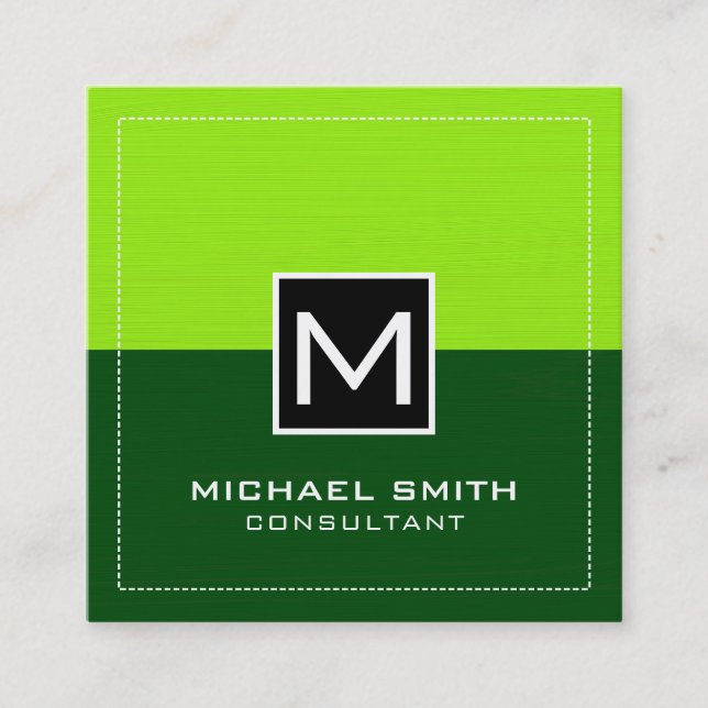 Professional Monogram Modern Green Lime Square Business Card (Front)