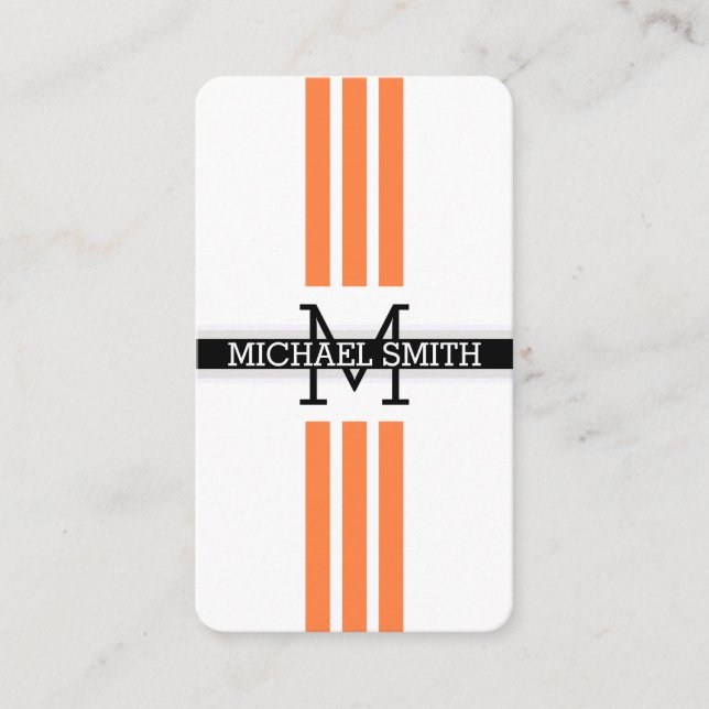 Professional Monogram Modern Mango Tango Stripes Business Card (Front)