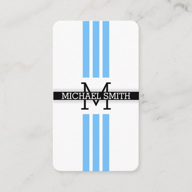 Professional Monogram Modern Maya Blue Stripes Business Card (Front)