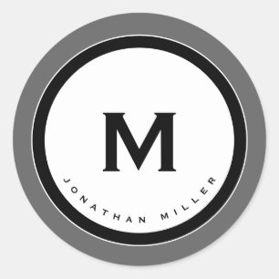 Professional Monogram Name Grey Black & White Classic Round Sticker
