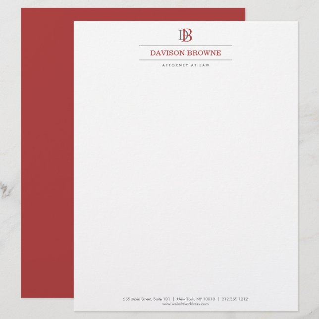 Professional Monogram Red on White Custom Letterhead (Front/Back)