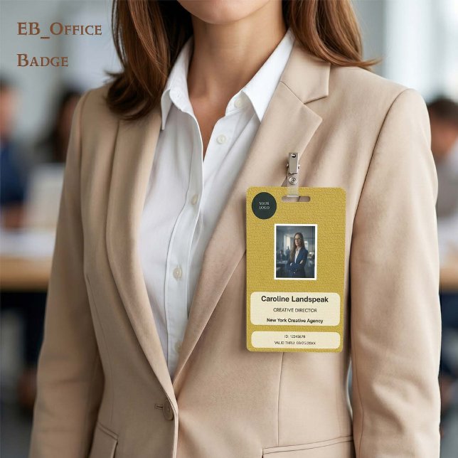 Professional Mustard Gold Leather Custom ID  Badge (Chic Mustard Gold Leather Custom Logo Photo ID Vertical Badge. Size: 2.13” x 3.38”)