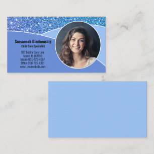 Professional Nanny Photo Blue Faux Glitter Business Card