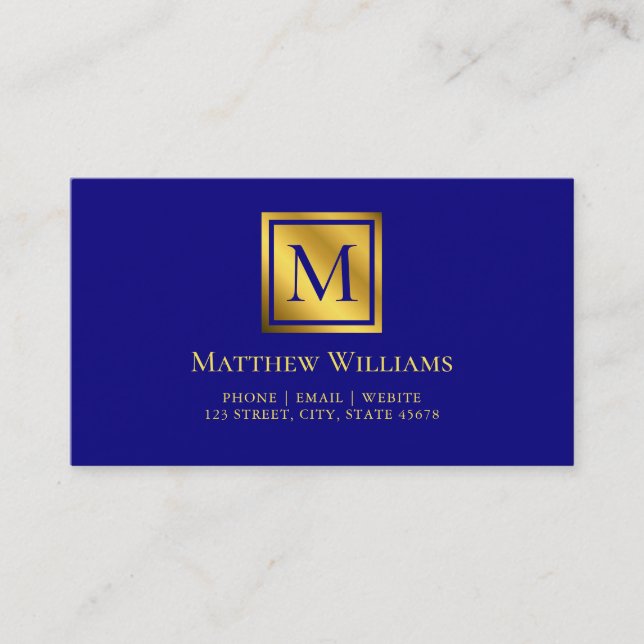 Professional Navy Blue And Gold Monogram Business Card (Front)