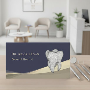 Professional Navy Blue Gold 3D Tooth Icon Dentist Business Card