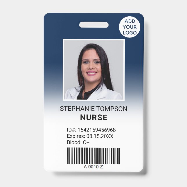 Professional navy blue ombre nurse photo logo code ID badge (Front)