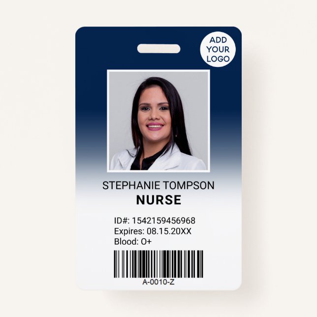 Professional navy blue ombre nurse photo logo code ID badge (Front)