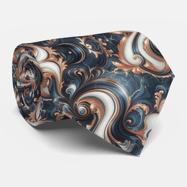 Professional Navy Blue, White and Copper Marble Tie (Rolled)