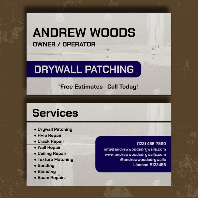 Professional Navy Drywall Patching Branding Business Card (Creator Uploaded)