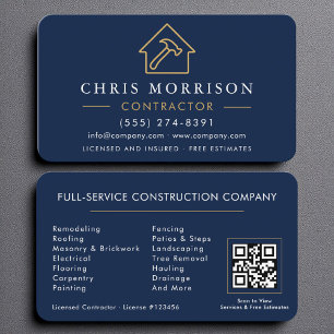Professional Navy Gold Building Contractor QR code Business Card