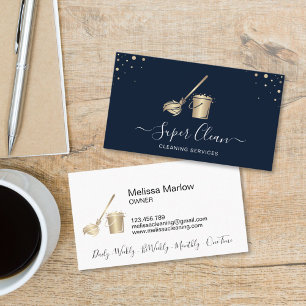 Professional Navy Gold House Cleaning Maid Business Card