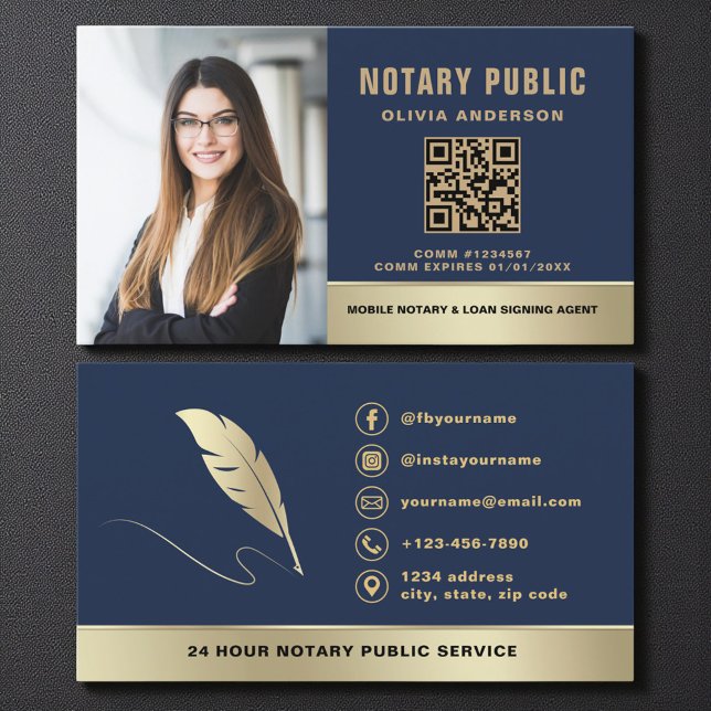 Professional Notary Public Navy Blue Gold Photo Business Card (Creator Uploaded)