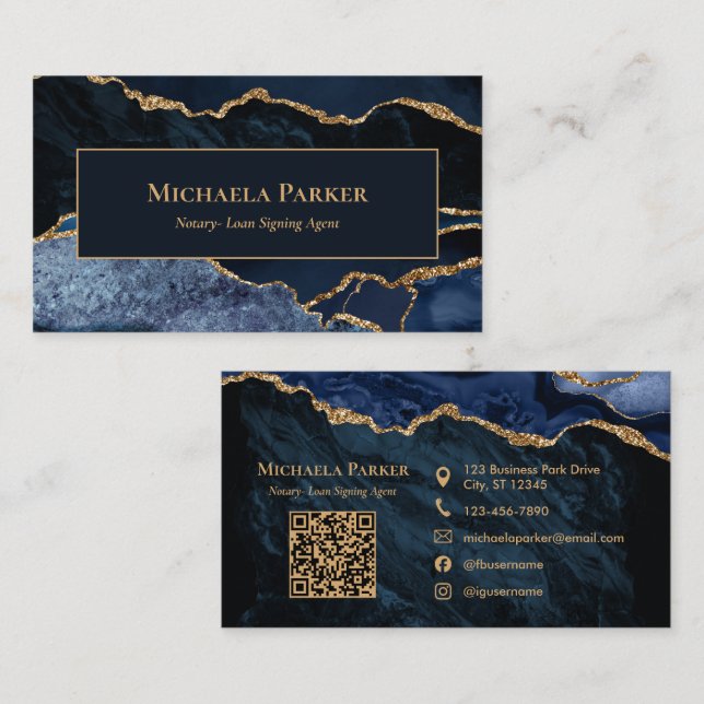 Professional Notary Public Navy Blue Gold QR Code  Business Card (Front/Back)