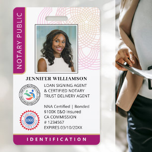 Professional Notary Public Photo QR Code Magenta ID Badge