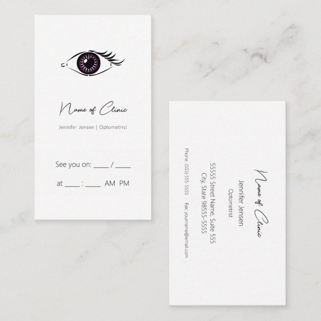 Professional Optometrist Purple Heart Eye Reminder Business Card (Front/Back)
