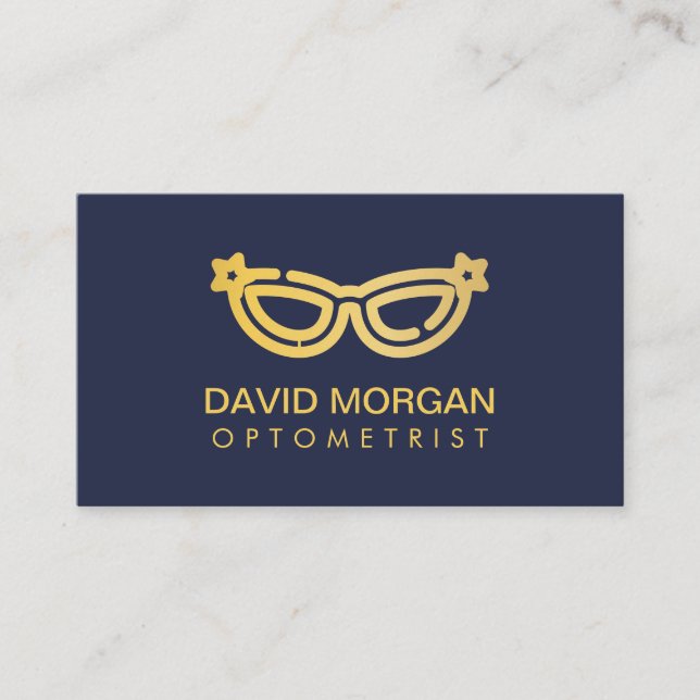 Professional Optometry Gold Glasses Logo Navy Business Card (Front)