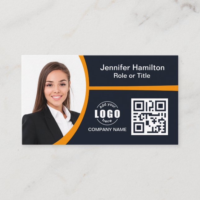 Professional  Orange add your Logo QR Code Business Card (Front)