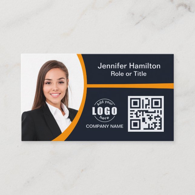 Professional Orange add your Logo QR Code Photo Business Card (Front)
