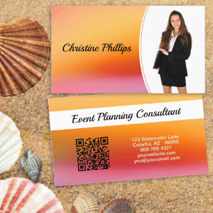 Professional Orange Watercolor Custom Photo QR Business Card