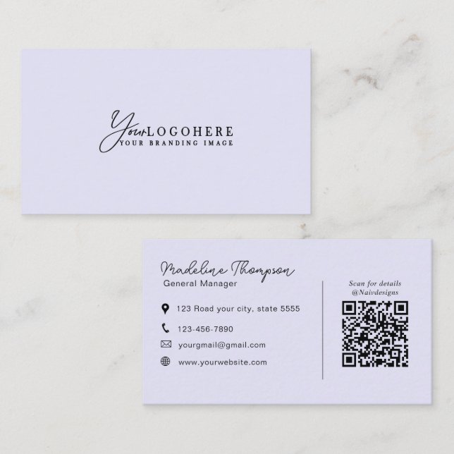 Professional Own Logo Script QR Code Lavender Business Card (Front/Back)