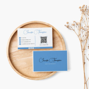 Professional Pastel Blue Script QR Code Business Card