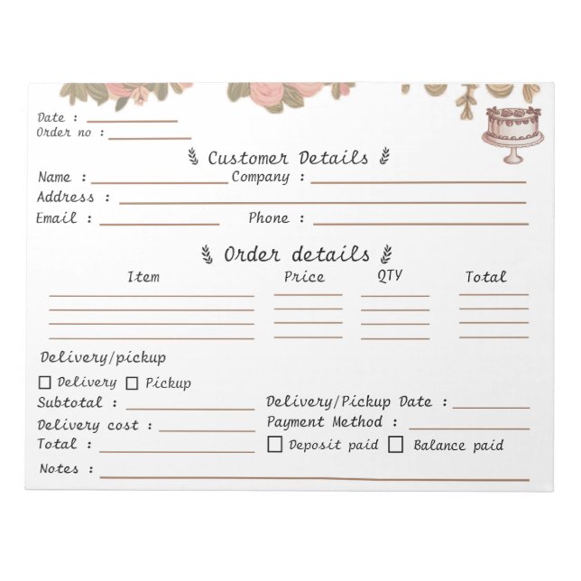 Professional Pastry Cupcake Bakery Order Form   Notepad (Front)