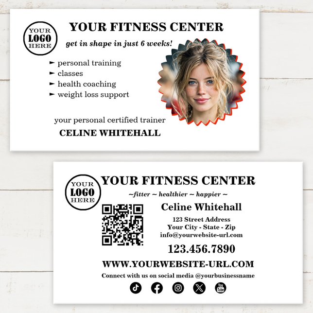 Professional Personal Trainer Fitness Center Business Card (Fitness personal trainer business card with custom photo, qr code, social media and logo)