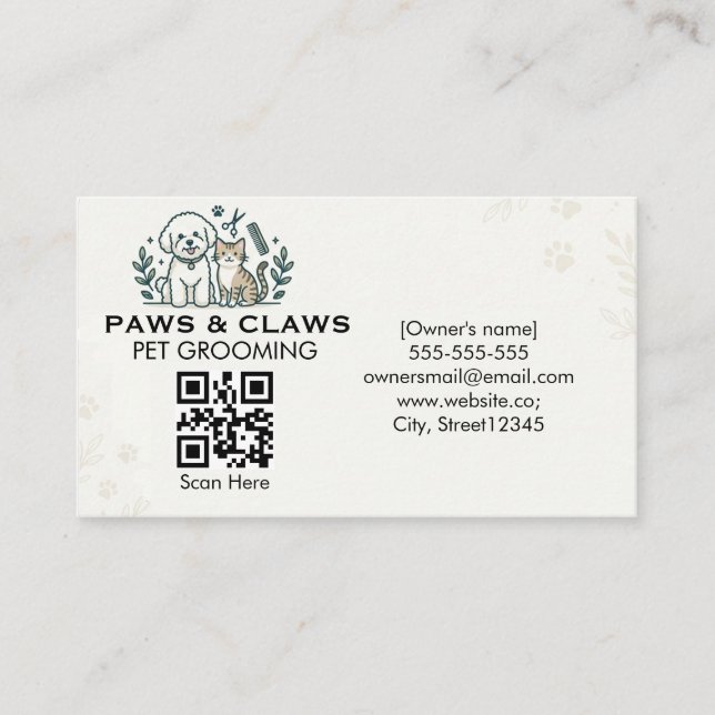 Professional Pet Grooming with QR Code  Business Card (Front)