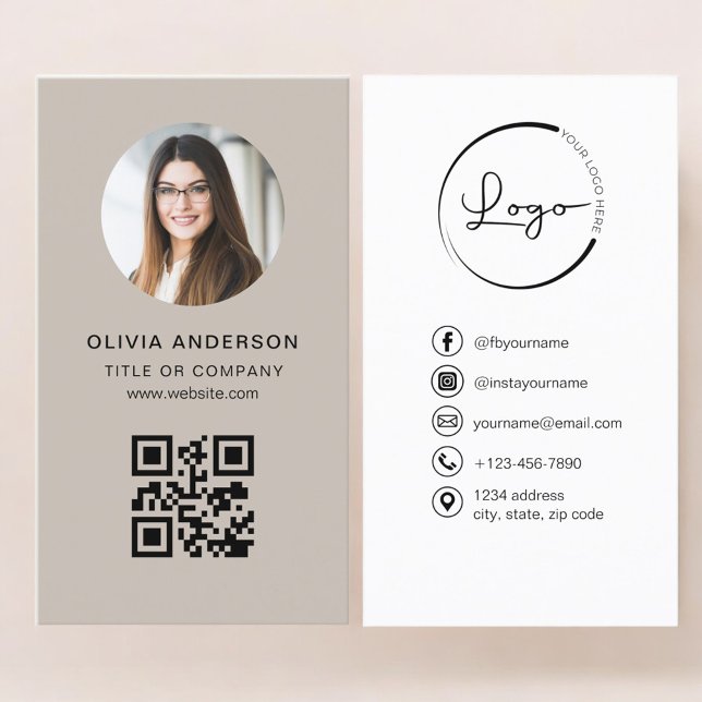 Professional Photo Beige QR Code Social Media Business Card (Creator Uploaded)