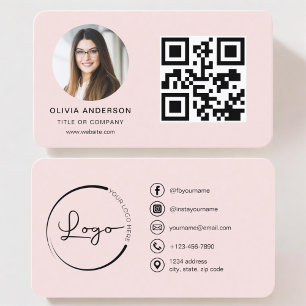 Professional Photo Blush Pink QR Code Social Media Business Card