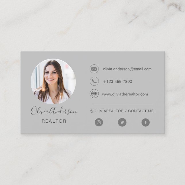Professional Photo Grey Silver Business Card (Front)