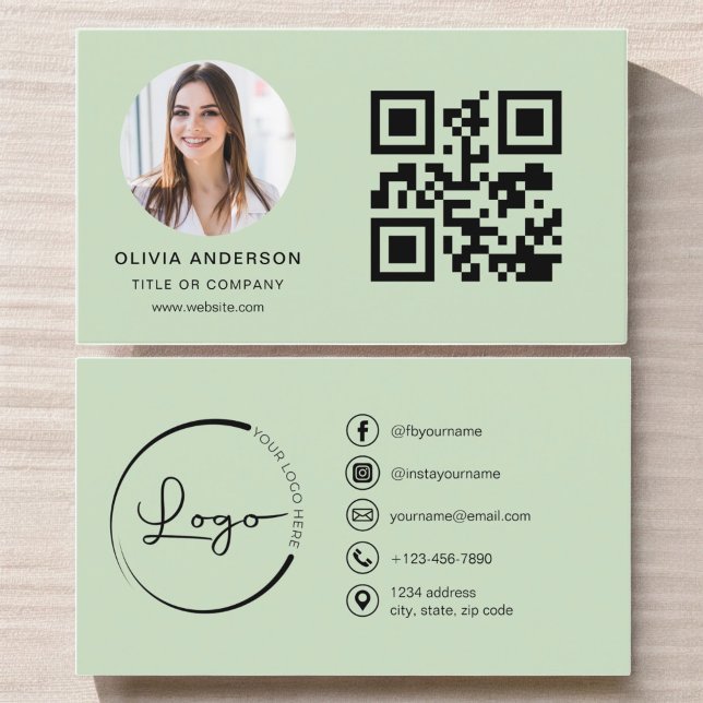 Professional Photo Sage Green QR Code Social Media Business Card (Creator Uploaded)